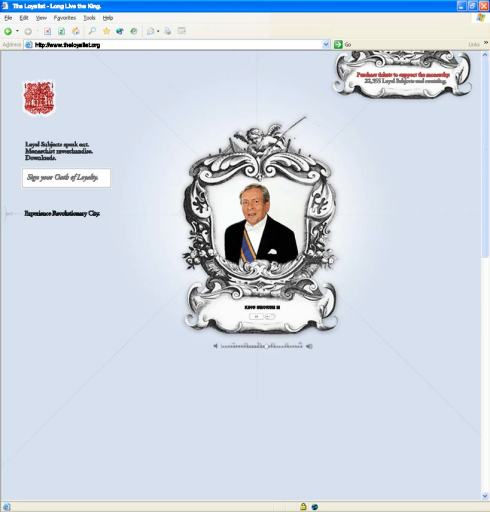 The Colonial Williamsburg Loyalist homepage featuring King George