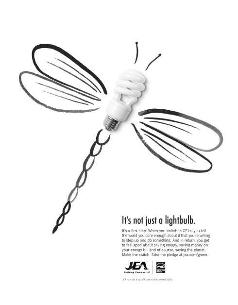 JEA print ad featuring a dragonfly made from a CFL lightbulb.