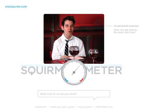 Based on your answers, the squirmometer moves and auto-generated responses via the character are given.